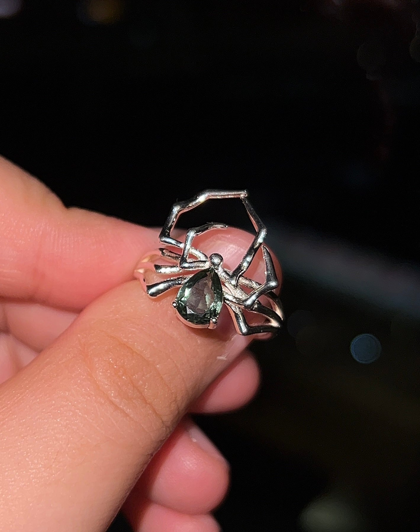 Extra High Quality Pear Cut Green Tourmaline Spider Ring