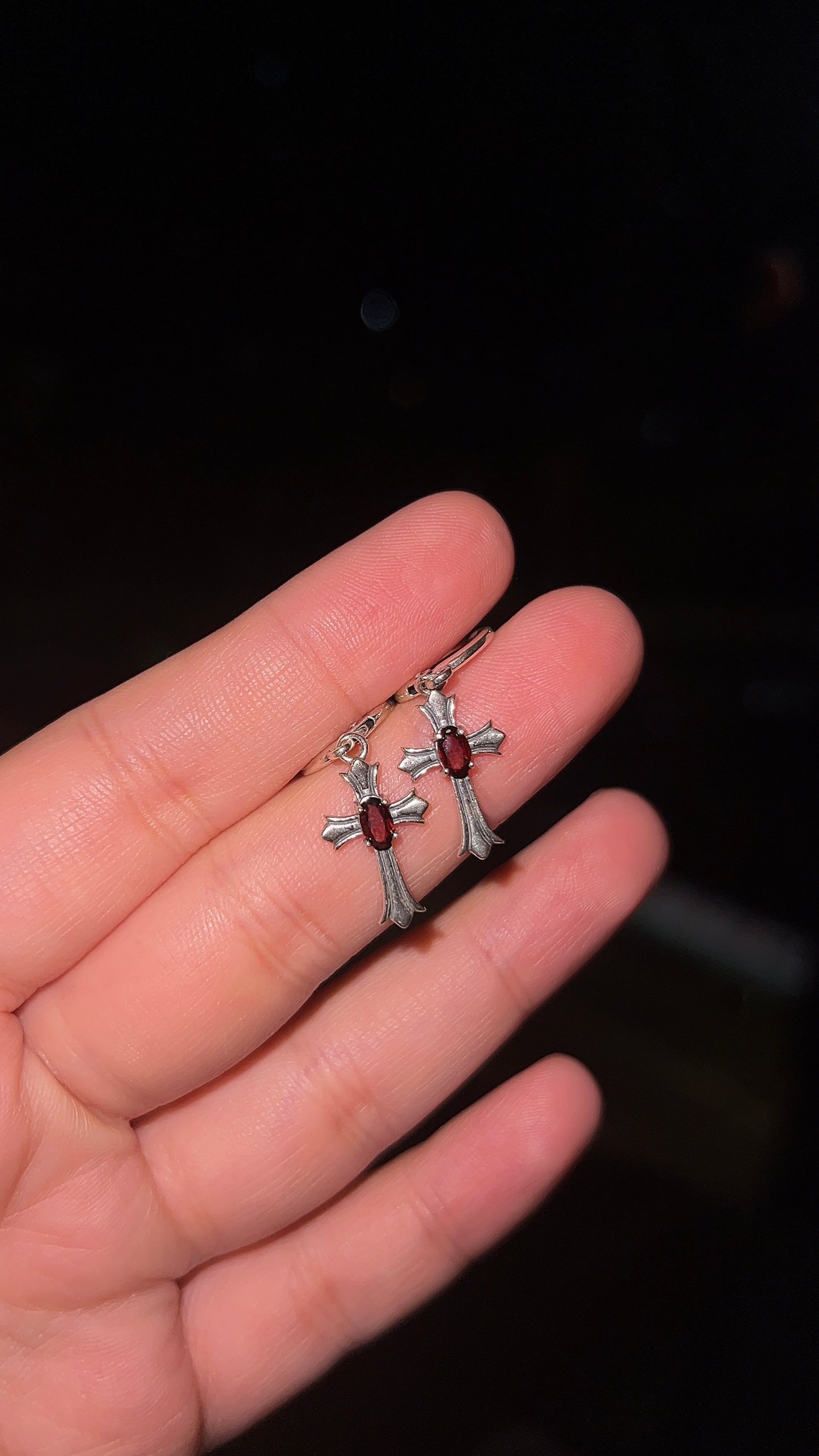 Gothic Garnet Cross Earrings