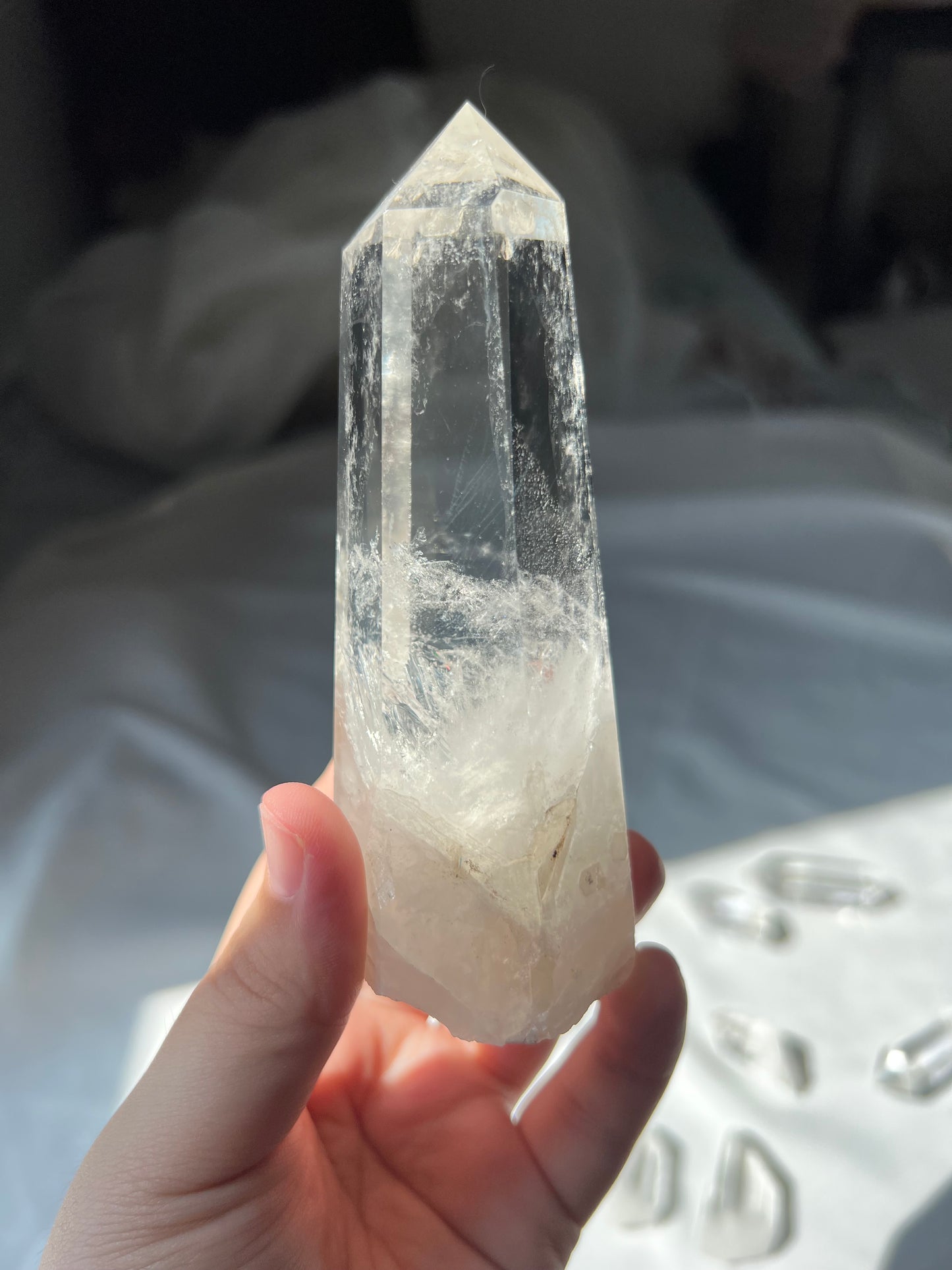 Semi Polished Clear Quartz Point with Blue angel feathers