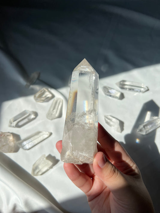 Semi Polished Clear Quartz Point with Blue angel feathers