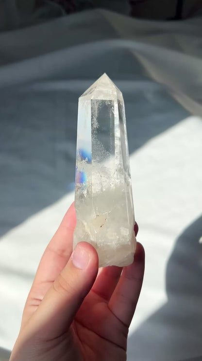 Semi Polished Clear Quartz Point with Blue angel feathers