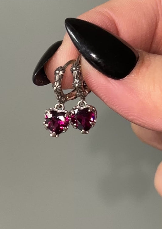 Rhodolite Garnet Faceted Heart Huggies